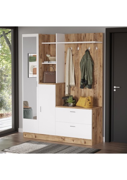 Jador Aynalı AskılıVestiyer Ayakkabılık Portmanto Aynalı Raf Çam-Beyaz