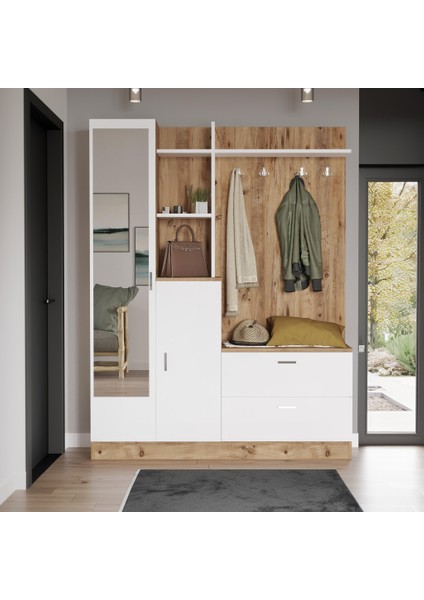 Jador Aynalı AskılıVestiyer Ayakkabılık Portmanto Aynalı Raf Çam-Beyaz fiyatları