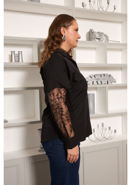 Dantel Kol Detaylı Siyah Büyük Beden Gömlek fırsatları