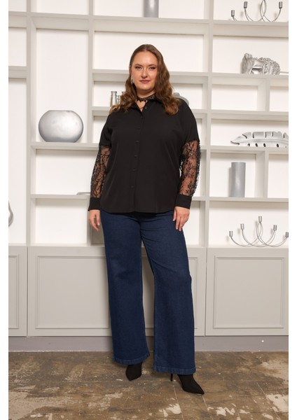 Dantel Kol Detaylı Siyah Büyük Beden Gömlek indirimleri