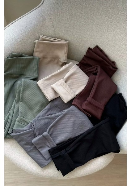 Yüksek Bel, Fitilli, Toparlayıcı Interlok Beli Lastikli Örme Kadın Tayt