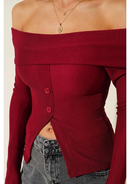 Madonna Yaka Düğmeli Bluz Bordo T4329 modelleri