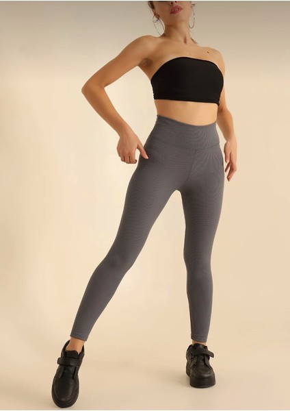 Yüksek Bel, Fitilli, Toparlayıcı Interlok Beli Lastikli Örme Kadın Tayt