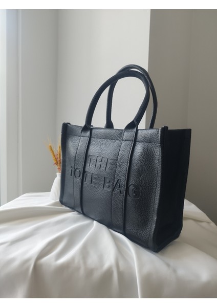 The Tote Bag Siyah Deri Büyük Boy Kadın El, Omuz Çanta
