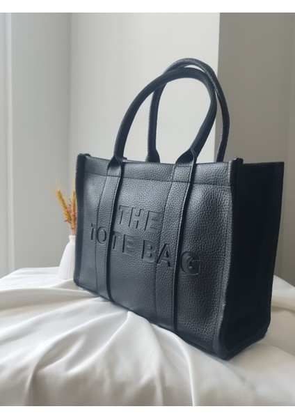 The Tote Bag Siyah Deri Büyük Boy Kadın El, Omuz Çanta modelleri