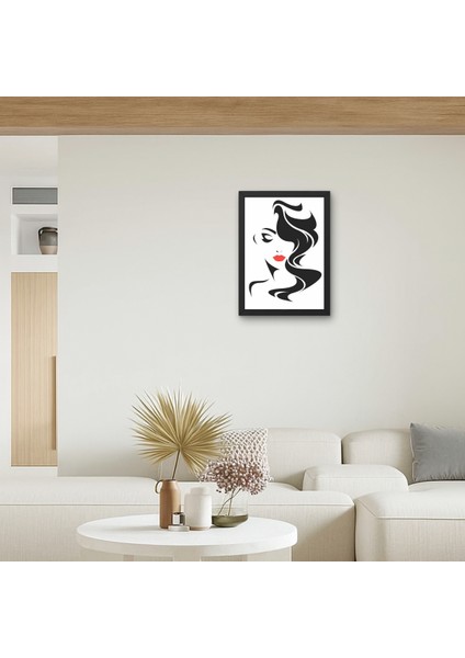 Siyah Beyaz Kadın Yüzü Kırmızı Dudak Tablo Modern Minimalist Kuaför Dekorasyonu