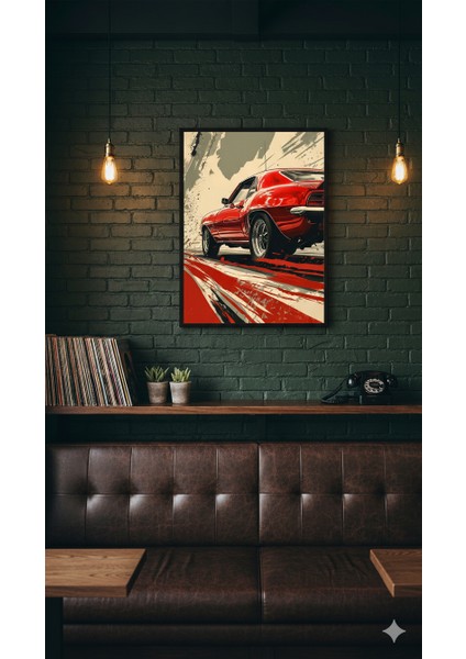 Klasik Kırmızı Araba Tablosu | Retro Muscle Car Duvar Dekoru | Sanatsal Aksiyon Poster