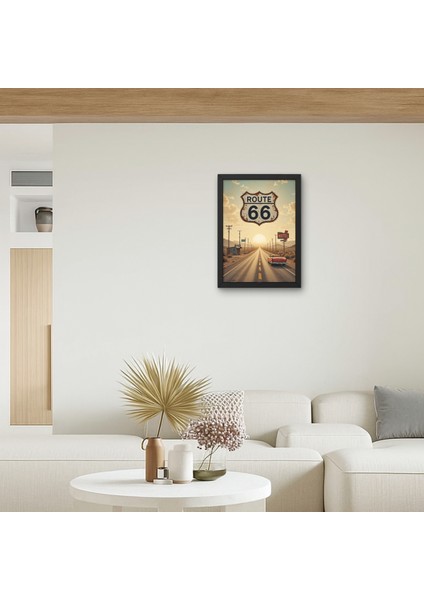 Route 66 Vintage Retro Tablo Çerçeveli Amerika Yol Posteri Duvar Dekorasyonu