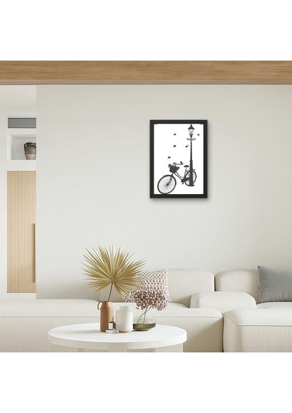 Bisiklet ve Sokak Lambası Silüet Tablosu | Minimalist Duvar Dekoru | Siyah Beyaz Ahşap