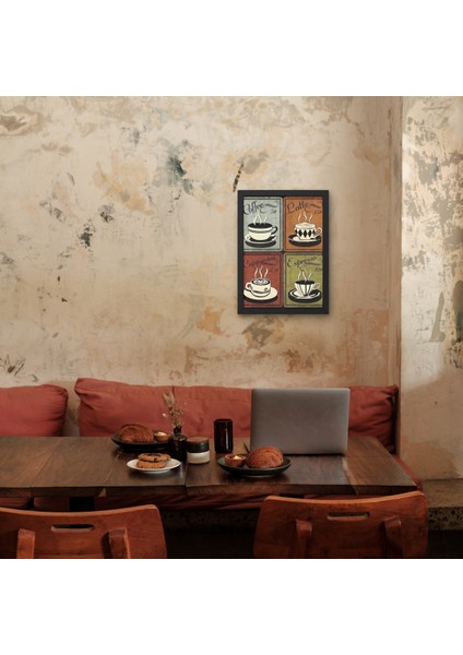 Pop-Art Kahve Çeşitleri 4'lü Set Tablo | Retro Espresso Latte Mutfak Kafe Duvar Dekoru