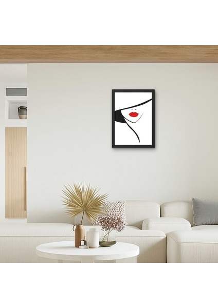 Kırmızı Dudaklı Kadın Tablosu | Minimalist Siyah Beyaz Duvar Dekoru | Şapkalı Şık Poster