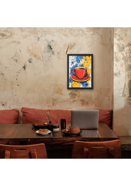 Pop-Art Kırmızı Kahve Fincanı Tablosu | Sıçratma Efektli Modern Poster | Mutfak Kafe Dekoru