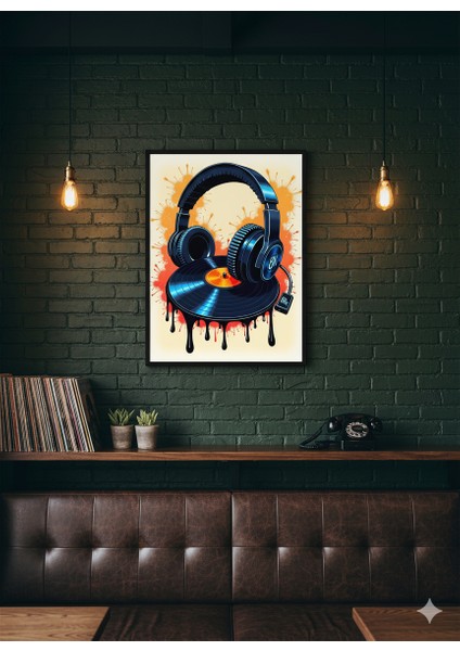 Plak ve Kulaklık Tablosu | Pop-Art Müzik Duvar Dekoru | Neon Graffiti Ahşap Poster