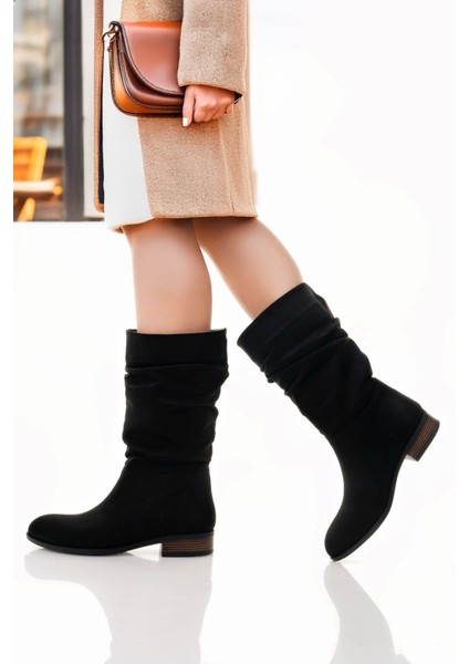 Diz Altı Körüklü Topuklu Çizme Süet Siyah Topuk Boyu 2 cm