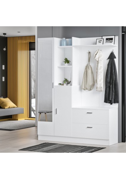 Jador Aynalı Askılı Kapaklı Vestiyer Ayakkabılık Portmanto Raf Beyaz