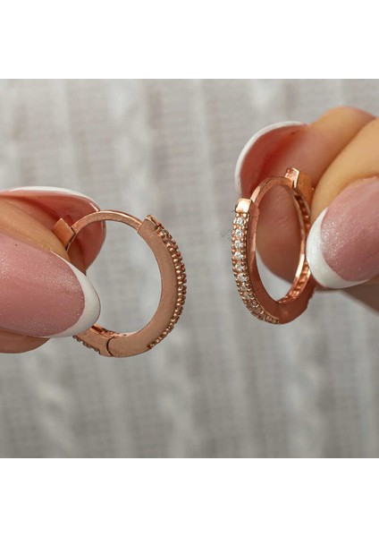 Gümüş Zirkon Taşlı Rose Oval Küpe