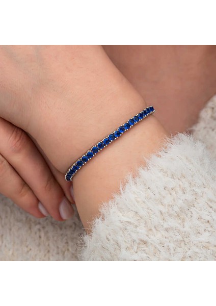 Gümüş Lacivert Zirkon Taşlı Su Yolu Kadın Bilekik modelleri