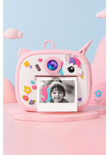 Unicorn Temalı Anında Baskılı Çocuk Kamerası Print Kamera | Çift Kamera, 2,0″ Ekran, Silikon Kılıf