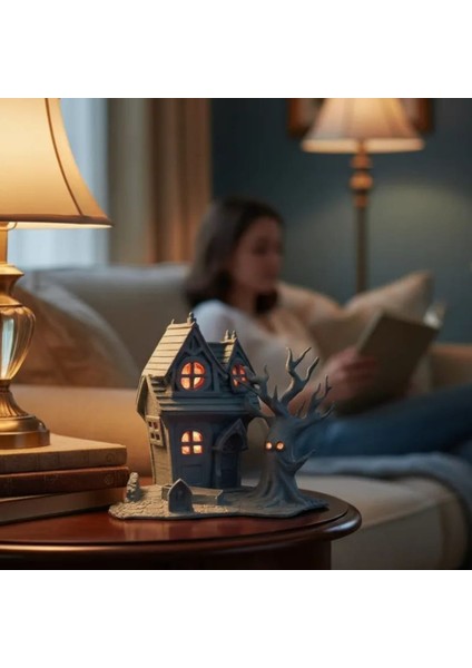 3D Baskı LED Işıklı Perili Ev – Mat Siyah Dekoratif Obje