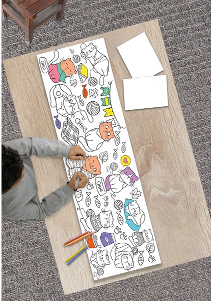 Sevimli Kediler Dev Boyama Kağıdı 2 Metre Kedili Aktivite Rulosu - Çocuk Eğitici Rulo