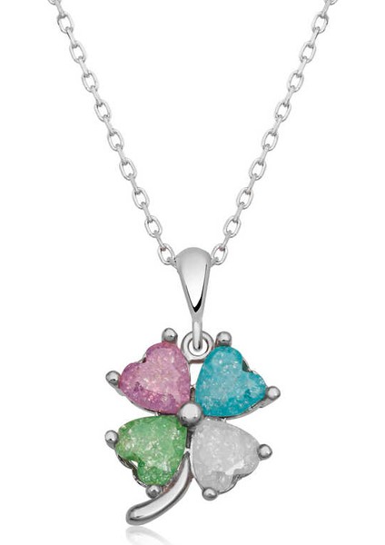 Gümüş Renkli Taşlı Kalp Yonca Kadın Kolye