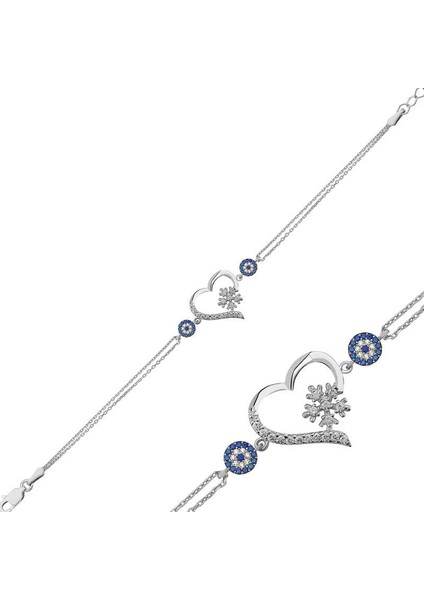 Gümüş Kalp Kar Tanesi Kadın Bileklik