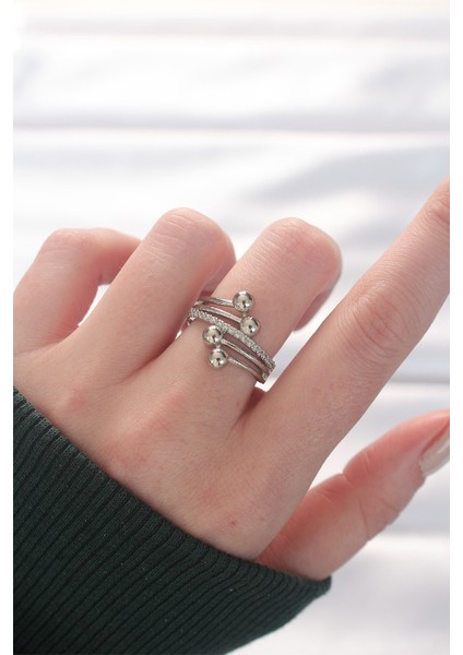 Topçuk Model Zirkon Taşlı Silver Renk Ayarlanabilir Yüzük - Lisinya