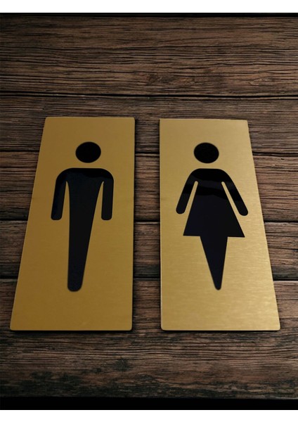 Kadın ve Erkek Ikonlu Wc Tabelası Kendinden Yapışkanlı Yönlendirme Levhası 20X10 cm Gold- Fırça