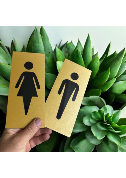 Kadın ve Erkek Ikonlu Wc Tabelası Kendinden Yapışkanlı Yönlendirme Levhası 20X10 cm Gold- Fırça fiyatları