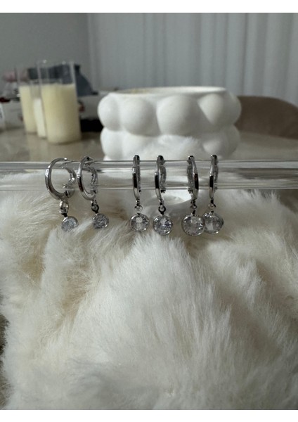 Yuvarlak Taş Sallantılı 6'lı Silver Set Küpe fiyatları