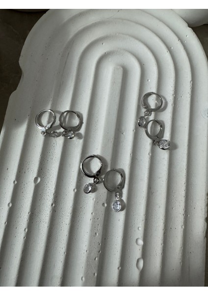 Yuvarlak Taş Sallantılı 6'lı Silver Set Küpe modelleri