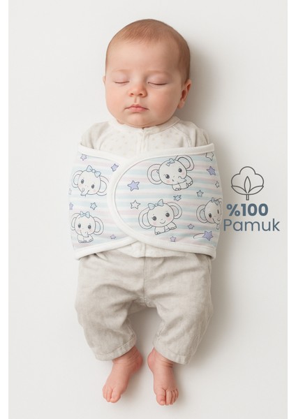 Kız Bebek Yarım Kundak 0-4 Ay Fil Desenli %100 Pamuk, Kemer Kundak Çift Taraflı Bel Destekli