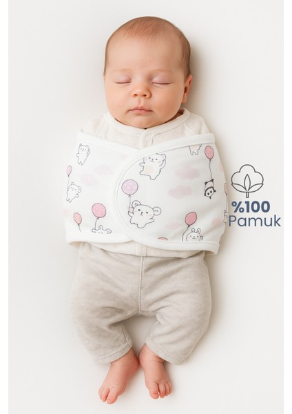 Hazır Yarım Kundak 0-4 Ay Balon Desenli %100 Pamuk Bebek Kundak Kemer, Çift Taraflı Bel Destekli