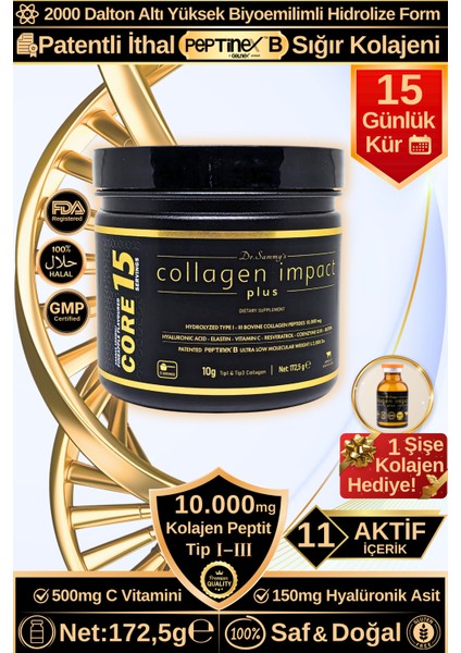 Kolajen 10.000 Mg Tip 1-3 %100 Saf Patentli Hidrolize Sığır Kolajeni, 150MG Hyaluronik Asit, 500 Mg Vitamin C, 200 Mg Glutatyon, 25MG Resveratrol, 100 Mg Elastin, Core 15 Diyet Takviyesi
