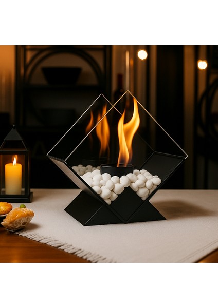 Metal Siyah Renk Modern Masa Üstü Şömine Sertifikalı Yakıt ve Dekoratif Taş Hediyeli