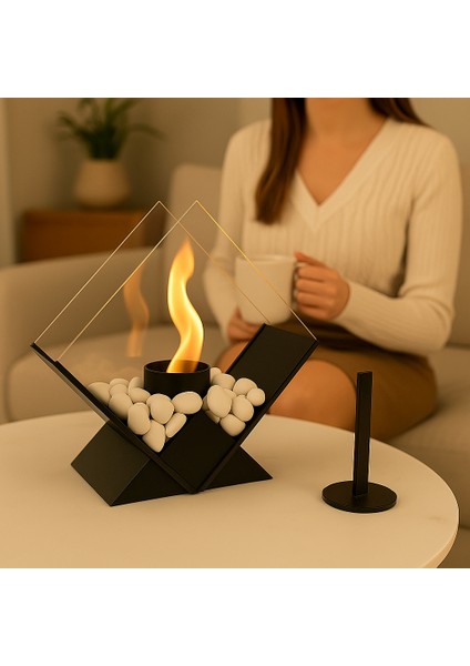 Metal Siyah Renk Modern Masa Üstü Şömine Sertifikalı Yakıt ve Dekoratif Taş Hediyeli fiyatları