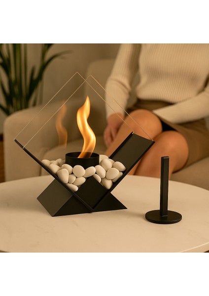 Metal Siyah Renk Modern Masa Üstü Şömine Sertifikalı Yakıt ve Dekoratif Taş Hediyeli fırsatları