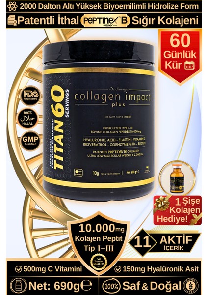 Kolajen 10.000 Mg Tip 1-3 %100 Saf Patentli Hidrolize Sığır Kolajeni, 150MG Hyaluronik Asit, 500 Mg Vitamin C, 200 Mg Glutatyon, 25MG Resveratrol, 100 Mg Elastin, Titan 60 Diyet Takviyesi