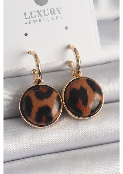 Pirinç Gold Renk Leopar Desenli Daire Model Kadın Küpe