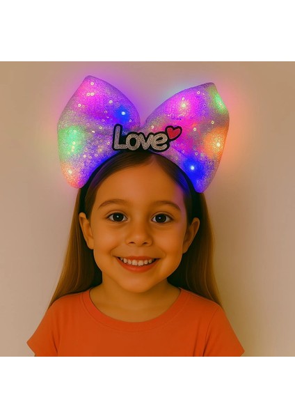 LED Işıklı Love Yazılı Mor Fiyonk Taç – Kız Çocuk Parti Tacı (5047)