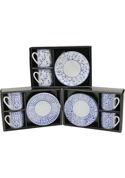 Mavi - Beyaz 4pcs=2-Takım Porselen Kahve Fincanı Çiçek - Çizgi - Nokta Mix Desen (5047)