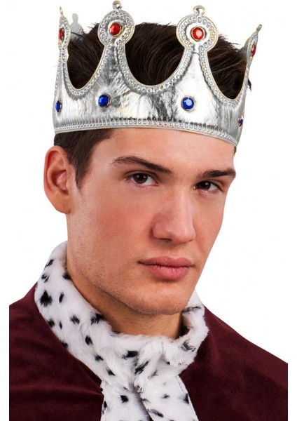 Kral Tacı Gümüş Renk Kumaş Malzeme Yetişkin Boy (5047)