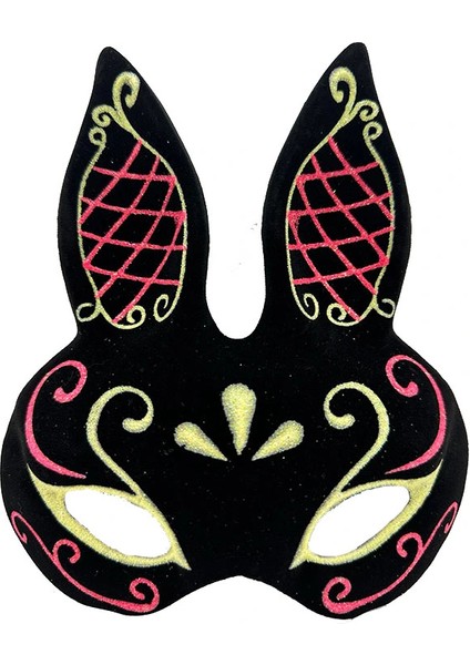 Siyah Renk Kırmızı Gold Simli Siyah Süet Kaplama Tavşan Maskesi 18X16 cm (5047)