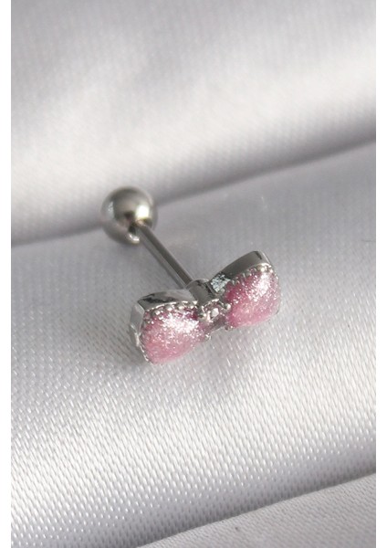 316L Çelik Gümüş Renk Pembe Kurdele Zirkon Taş Detay Tragus Piercing