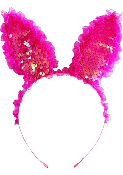 Kenarları Dantelli Fuşya Pullu Payetli LED Işıklı Tavşan Kulak Taç 23X19 cm (5047) modelleri