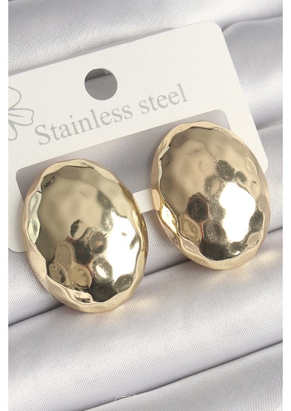 Pirinç Gold Renk Işlemeli Bombe Oval Model Kadın Küpe