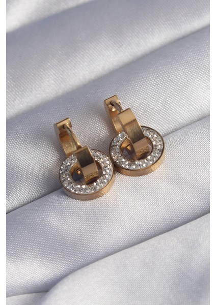 316L Çelik Gold Renk Zirkon Taşlı Iç Içe Geçmeli Oval Küpe fiyatları