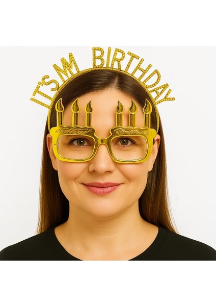It&amp;apos;s My Birthday Yazılı Taç ve Mum Şekilli Gözlük Seti Altın Renk (5047) fiyatları