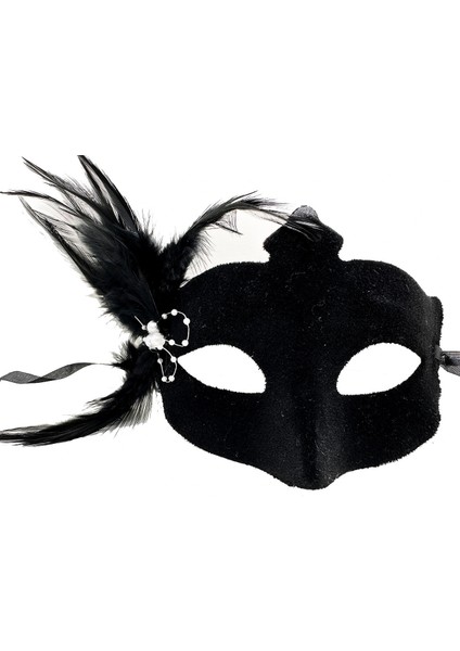 Siyah Renk Yandan Tüylü Süet Kaplama Beyaz Incili Parti Maskesi 18X15 cm (5047)