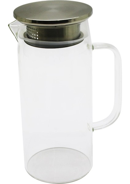 1.2lt - Yuvarlak Cam Sürahi - Süzgeçli Metal Kapak Borosilikat - Termisil Isıya Dayanaklı (5047)